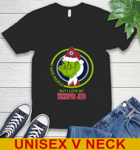 Winnipeg Jets NHL Christmas Grinch I Hate People But I Love My Favorite Hockey Team V-Neck T-Shirt 2