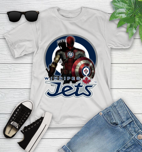 NHL Captain America Thor Spider Man Hawkeye Avengers Endgame Hockey Winnipeg Jets Youth T-Shirt