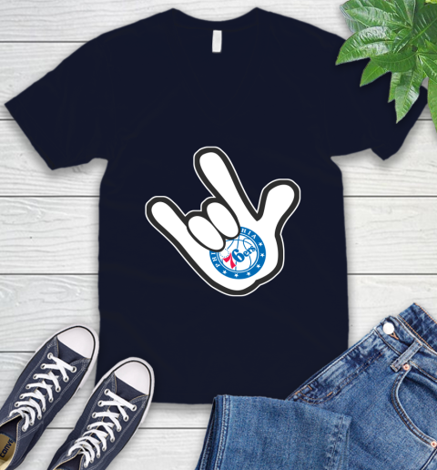 Philadelphia 76ers NBA Basketball Mickey Rock Hand Disney V-Neck T-Shirt 3