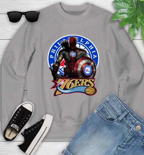 Philadelphia 76ers NBA Basketball Captain America Thor Spider Man Hawkeye Avengers (1) Youth Sweatshirt 4