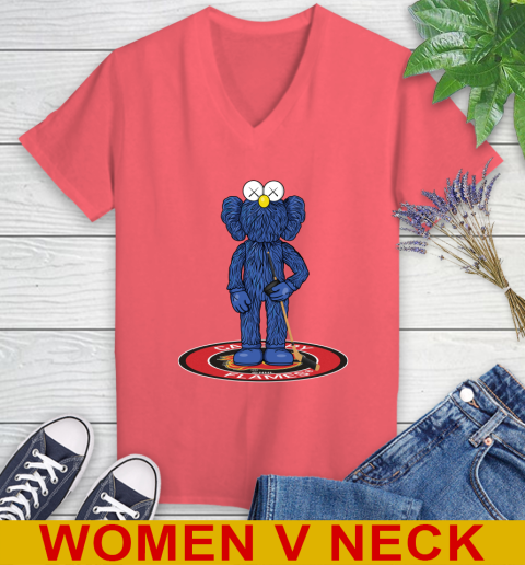 NHL Hockey Calgary Flames Kaws Bff Blue Figure Shirt Women's V-Neck T-Shirt 7