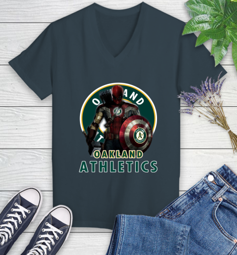 MLB Captain America Thor Spider Man Hawkeye Avengers Endgame Baseball Oakland Athletics Women's V-Neck T-Shirt 8