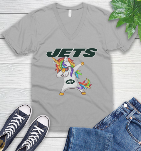 New York Jets NFL Football Funny Unicorn Dabbing Sports V-Neck T-Shirt 4