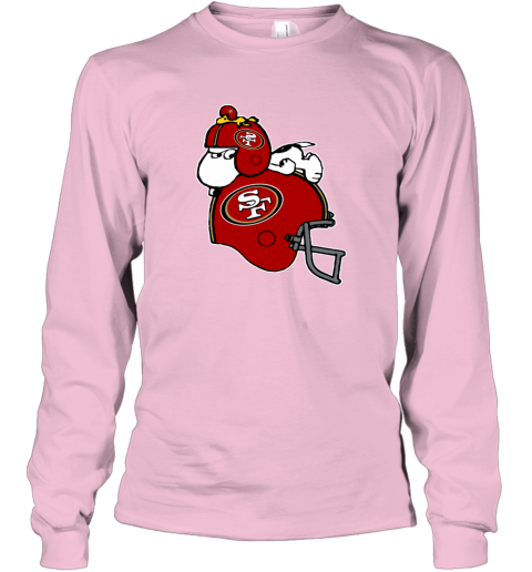 tr6s snoopy and woodstock resting on san francisco 49ers helmet long sleeve tee 14 front light pink