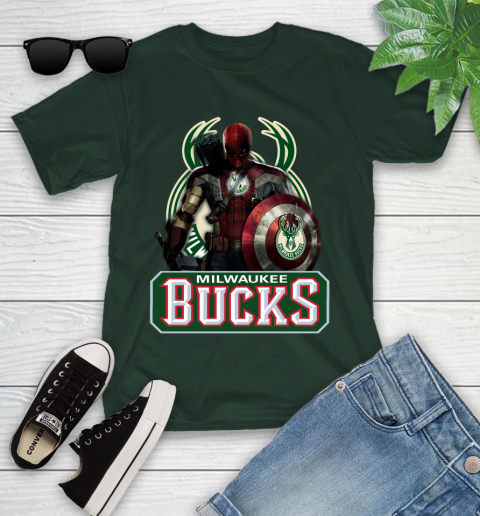 Milwaukee Bucks NBA Basketball Captain America Thor Spider Man Hawkeye Avengers Youth T-Shirt 5