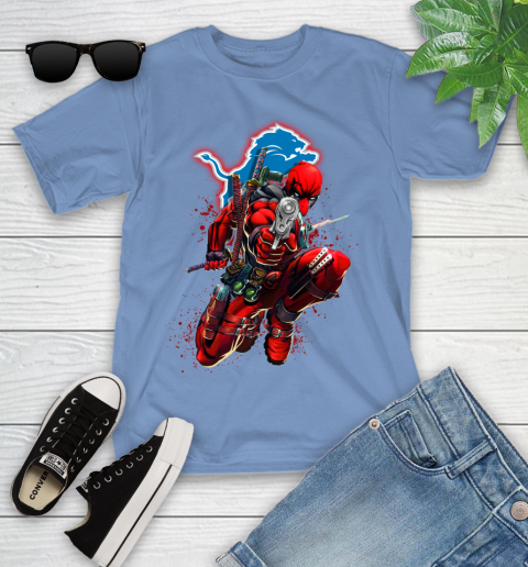 NFL Deadpool Marvel Comics Sports Football Detroit Lions Youth T Shirt Tee For Sports