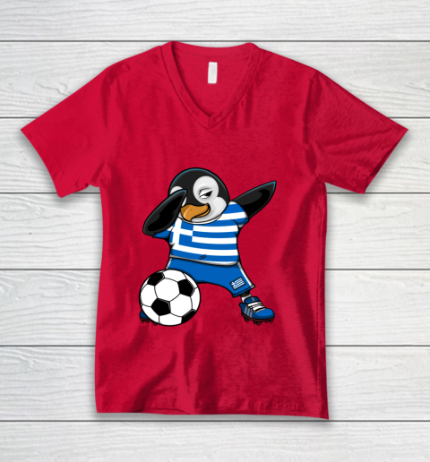 Dabbing Penguin Greece Soccer Fans Jersey Football Lovers V-Neck T-Shirt 3
