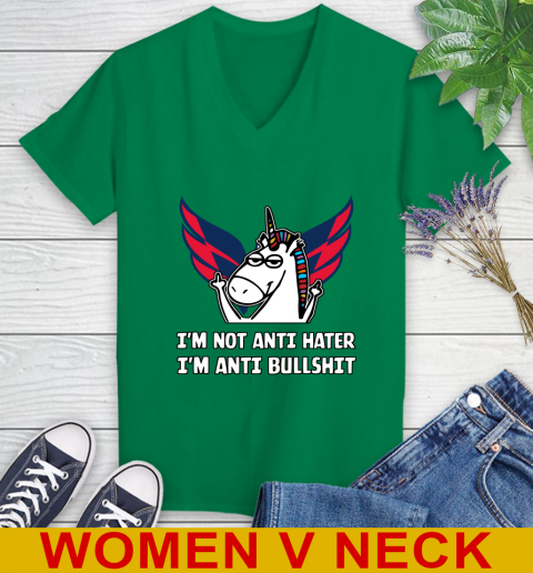 Washington Capitals NHL Hockey Unicorn I'm Not Anti Hater I'm Anti Bullshit Women's V-Neck T-Shirt 6