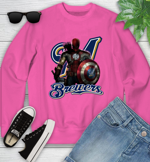 MLB Captain America Thor Spider Man Hawkeye Avengers Endgame Baseball Milwaukee Brewers Youth Sweatshirt 7