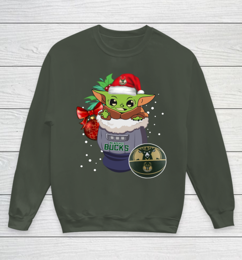 Milwaukee Bucks Christmas Baby Yoda Star Wars Funny Happy NBA Youth Sweatshirt 10