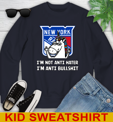 New York Rangers NHL Hockey Unicorn I'm Not Anti Hater I'm Anti Bullshit Youth Sweatshirt 3