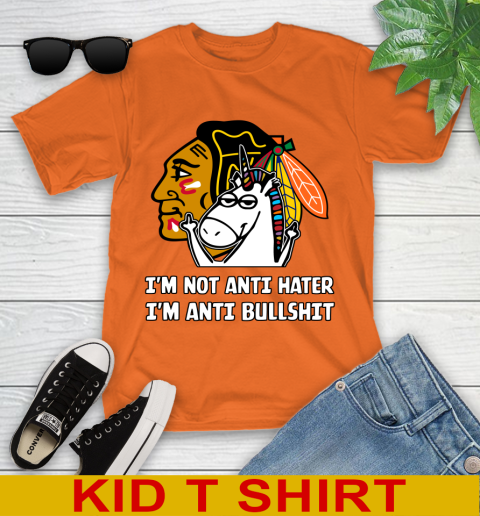 Chicago Blackhawks NHL Hockey Unicorn I'm Not Anti Hater I'm Anti Bullshit Youth T-Shirt 7
