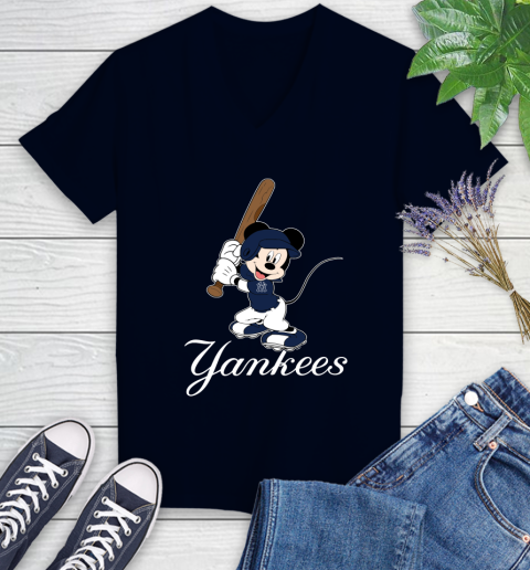 MLB Baseball New York Yankees Cheerful Mickey Mouse Shirt Women's V-Neck T-Shirt 3