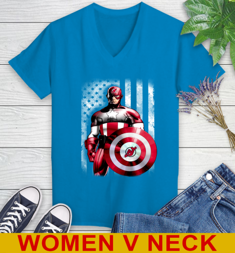 New Jersey Devils NHL Hockey Captain America Marvel Avengers American Flag Shirt Women's V-Neck T-Shirt - Image 8