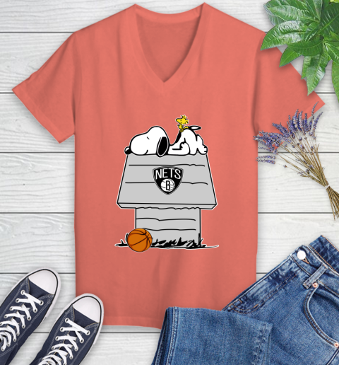 Brooklyn Nets NBA Basketball Snoopy Woodstock The Peanuts Movie Women's V-Neck T-Shirt 6