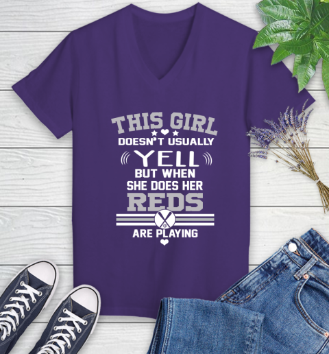 Cincinnati Reds MLB Baseball I Yell When My Team Is Playing Women's V-Neck T-Shirt 3