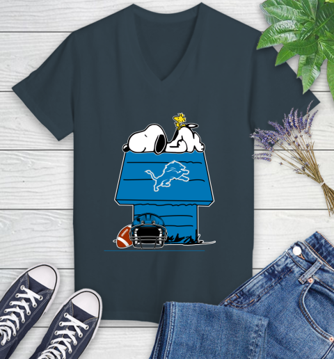 Detroit Lions NFL Football Snoopy Woodstock The Peanuts Movie Women's V-Neck T-Shirt 8