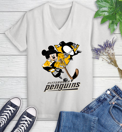 NHL Pittsburgh Penguins Mickey Mouse Disney Hockey T Shirt Women's V-Neck T-Shirt