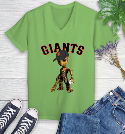 MLB San Francisco Giants Groot Guardians Of The Galaxy Baseball Women's V-Neck T-Shirt 11