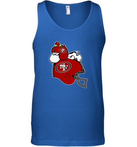 o1qj snoopy and woodstock resting on san francisco 49ers helmet unisex tank 17 front royal