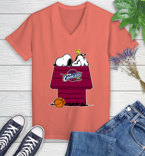 Cleveland Cavaliers NBA Basketball Snoopy Woodstock The Peanuts Movie Women's V-Neck T-Shirt 6