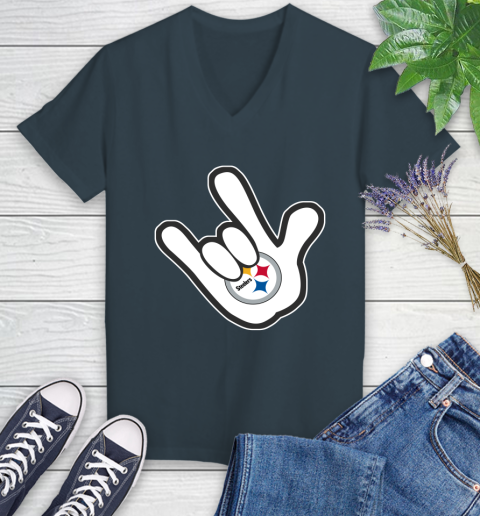 Pittsburgh Steelers NFL Football Mickey Rock Hand Disney Women's V-Neck T-Shirt 8