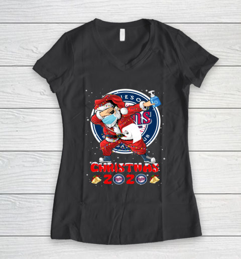Minnesota Twins Funny Santa Claus Dabbing Christmas 2020 MLB Women's V-Neck T-Shirt 6