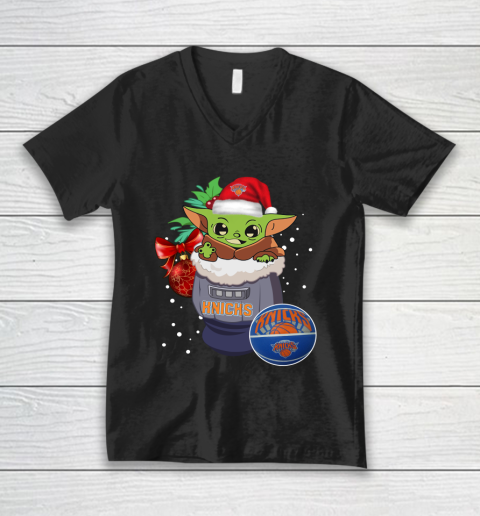 New York Knicks Christmas Baby Yoda Star Wars Funny Happy NBA V-Neck T-Shirt