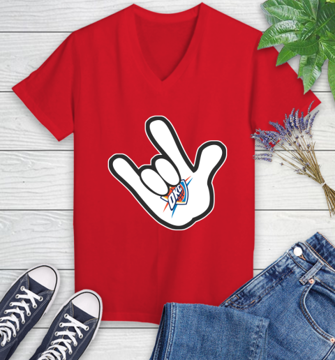 Oklahoma City Thunder NBA Basketball Mickey Rock Hand Disney Women's V-Neck T-Shirt 12