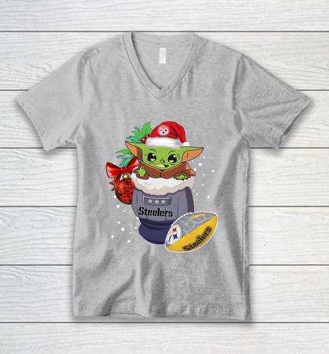Pittsburgh Steelers Christmas Baby Yoda Star Wars Funny Happy NFL V-Neck T-Shirt 4