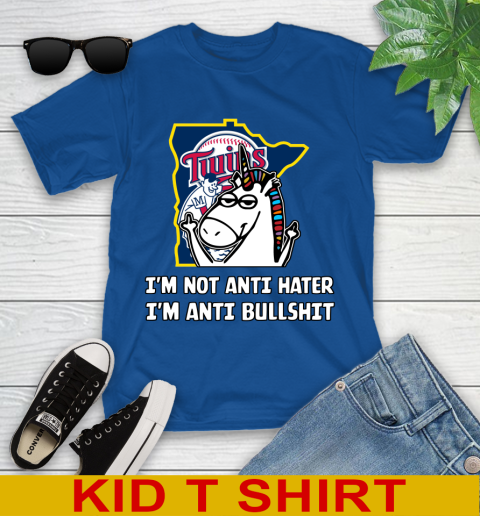 Minnesota Twins MLB Baseball Unicorn I'm Not Anti Hater I'm Anti Bullshit Youth T-Shirt 9