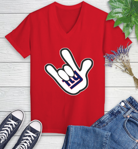 New York Giants NFL Football Mickey Rock Hand Disney Women's V-Neck T-Shirt 12