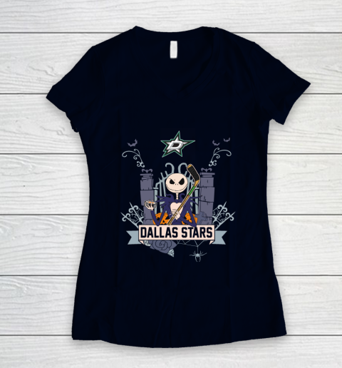 NHL Dallas Stars Hockey Jack Skellington Halloween Women's V-Neck T-Shirt 2