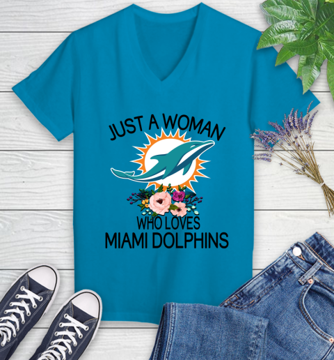 NFL Just A Woman Who Loves Miami Dolphins Football Sports Women's V-Neck T-Shirt 4