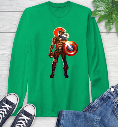 NFL Captain America Marvel Avengers Endgame Football Sports Cleveland Browns Long Sleeve T-Shirt 7