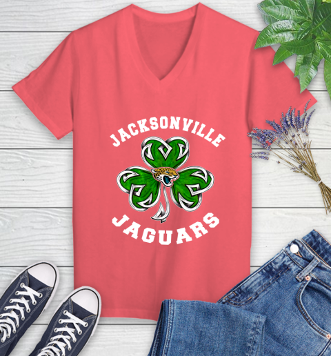 NFL Jacksonville Jaguars Three Leaf Clover St Patrick's Day Football Sports Women's V-Neck T-Shirt 6