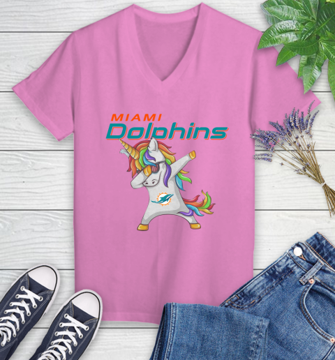 Miami Dolphins NFL Football Funny Unicorn Dabbing Sports Women's V-Neck T-Shirt 14