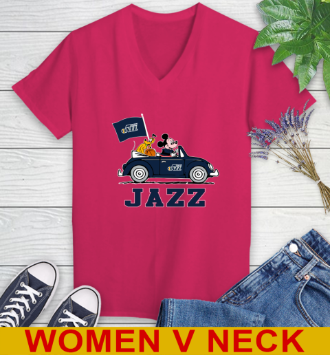 NBA Basketball Utah Jazz Pluto Mickey Driving Disney Shirt Women's V-Neck T-Shirt 10