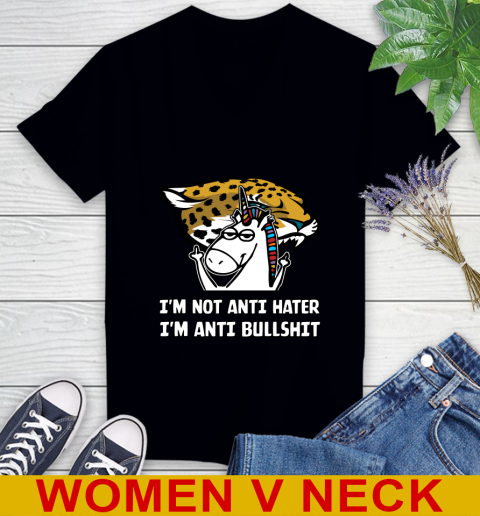 Jacksonville Jaguars NFL Football Unicorn I'm Not Anti Hater I'm Anti Bullshit Women's V-Neck T-Shirt 2