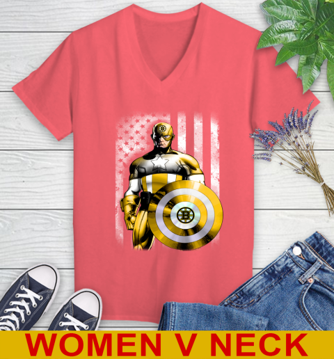 Boston Bruins NHL Hockey Captain America Marvel Avengers American Flag Shirt Women's V-Neck T-Shirt 6