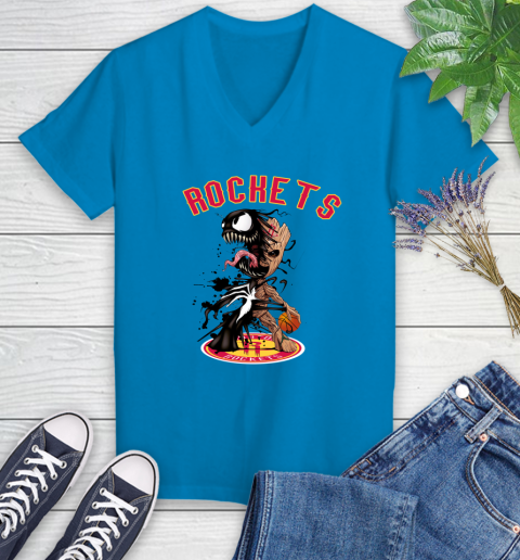NBA Houston Rockets Basketball Venom Groot Guardians Of The Galaxy Women's V-Neck T-Shirt 7
