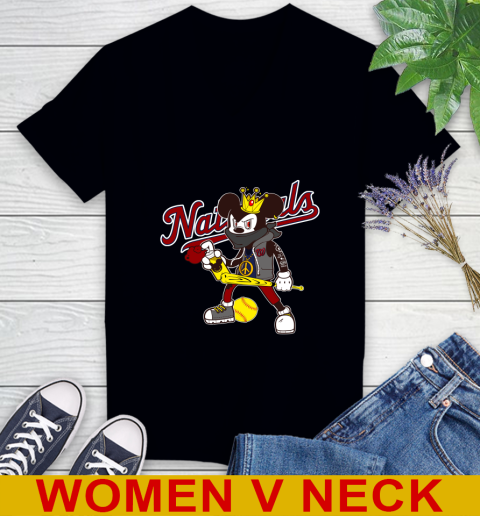 Washington Nationals MLB Baseball Mickey Peace Sign Sports Women's V-Neck T-Shirt 2