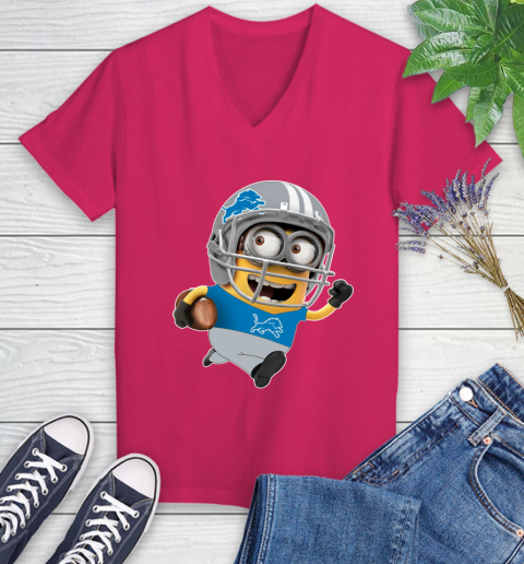 NFL Detroit Lions Minions Disney Football Sports Women's V-Neck T-Shirt 9