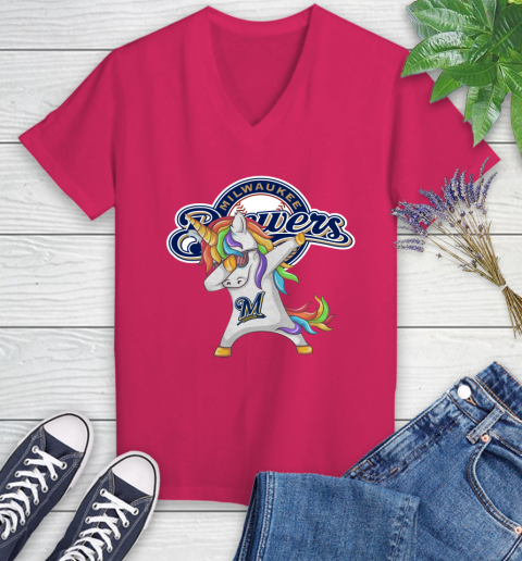 Milwaukee Brewers MLB Baseball Funny Unicorn Dabbing Sports Women's V-Neck T-Shirt 9
