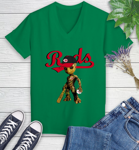 MLB Cincinnati Reds Groot Guardians Of The Galaxy Baseball Women's V-Neck T-Shirt 5