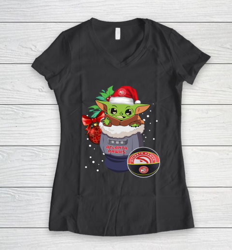 Atlanta Hawks Christmas Baby Yoda Star Wars Funny Happy NBA Women's V-Neck T-Shirt 8
