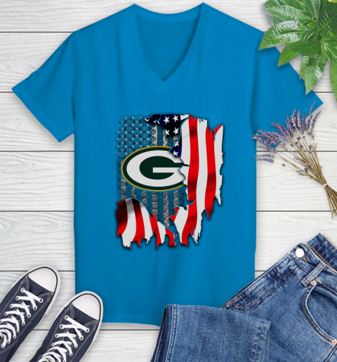 Green Bay Packers NFL Football American Flag Women's V-Neck T-Shirt 7