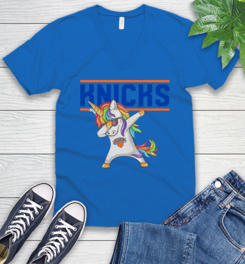 New York Knicks NBA Basketball Funny Unicorn Dabbing Sports V-Neck T-Shirt 6