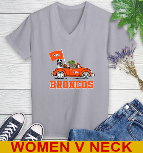 NFL Football Denver Broncos Darth Vader Baby Yoda Driving Star Wars Shirt Women's V-Neck T-Shirt 5
