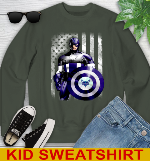 Charlotte Hornets NBA Basketball Captain America Marvel Avengers American Flag Shirt Youth Sweatshirt 8